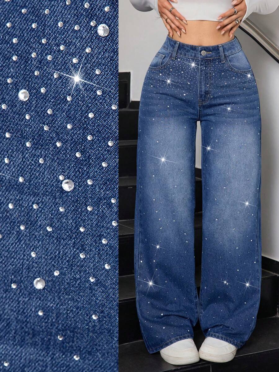 SHEIN Tall Calça jeans feminina de cintura alta com bolsos de strass, pernas largas e modelagem solta, ideal para festas de Natal, inverno e Ano Novo.