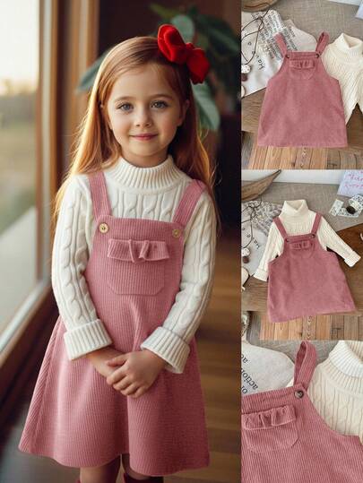 SHEIN Emery Rose Kids 女童可爱灯芯绒背带裙，带荷叶边口袋和肩带，女童灯芯绒背带裙