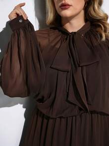 Maija Plus Size Women's Brown Elegant Dinner Tea Party Maxi Dress,Twist Collar Lantern Sleeve Layered Hem Semi-Sheer Retro Country Office Business Casual - Brown - View 4