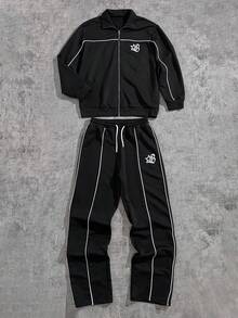 SHEIN Coolqubz Teen Boy 2pcs/Set Casual Streetwear Outfit For Teenage Boys, White Striped Deconstructed Design Stand Collar Zip-Up Jacket And Loose Straight Sweatpants, Suitable For Streetstyle Fall Winter - Black - View 1