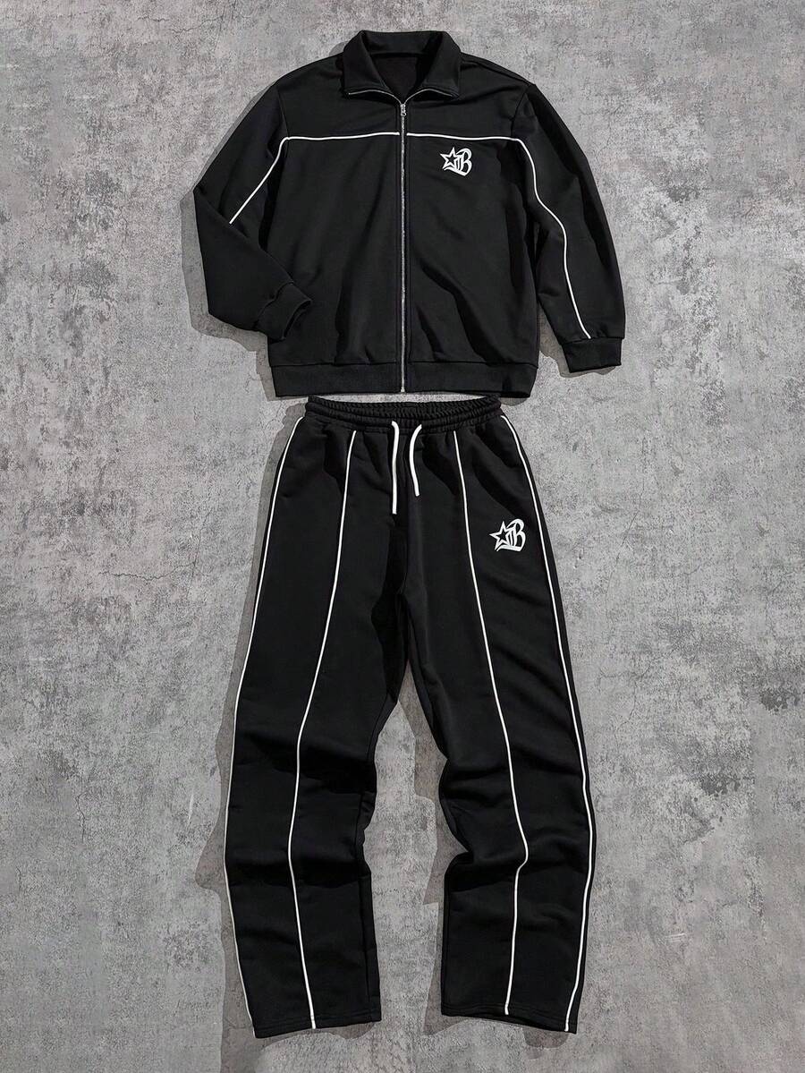 SHEIN Coolqubz Teen Boy 2pcs/Set Casual Streetwear Outfit For Teenage Boys, White Striped Deconstructed Design Stand Collar Zip-Up Jacket And Loose Straight Sweatpants, Suitable For Streetstyle Fall Winter - Black - View 1