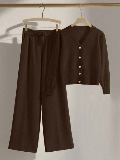 Franclia 2 Stücke/Set Damen Lässig Loose Strick Pullover & Hose Loungewear Set, bequemes & minimalistisches Design