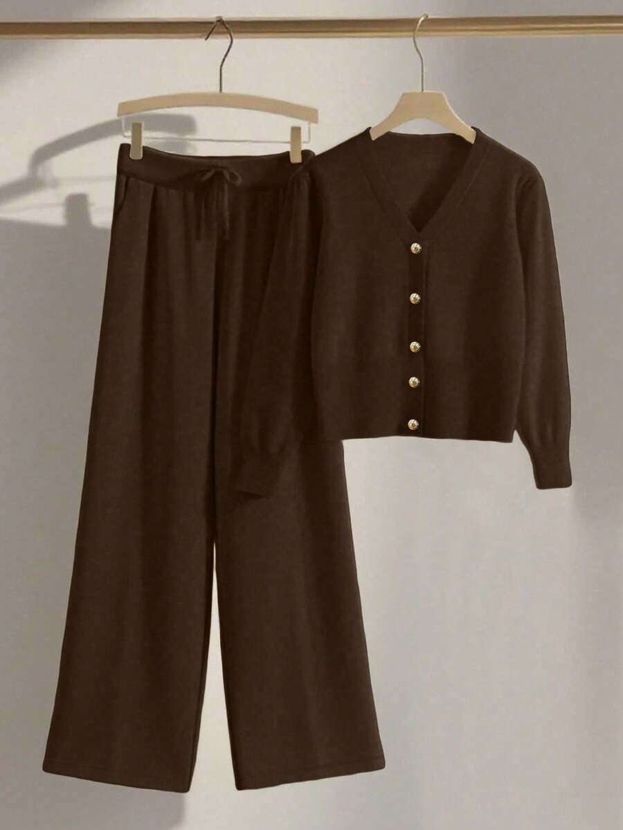 Franclia 2pcs/Set Women Casual Loose Knit Sweater & Pants Loungewear Set, Comfortable & Minimalist Design - Brown - View 1