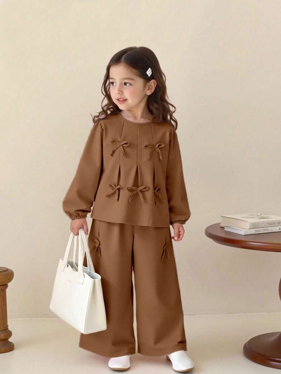 SHEIN Playful Pals Bộ 2 món/Bộ áo nơ trang trí thời trang & ngọt ngào cho bé gái + quần ống rộng, Xuân/Thu - màu nâu - Xem 1