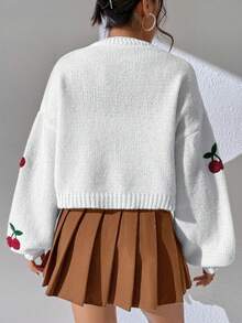 Cárdigan tipo duster de hombros caídos con estampado de cerezas, blusa de manga larga - Blanco - Ver 3