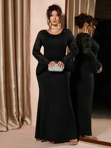 Cravure 新款大码女士优雅舞会礼服，黑色撞色蕾丝喇叭袖鱼尾裙摆，显瘦拉长身形，适合派对、舞会、日常场合，展现迷人S形曲线，都市时尚，优雅妩媚的日常装扮。 - 黑色 - 查看 4