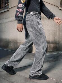 Manfinity EMRG Herren Retro Punk Stil Washed Patchwork Schlagjeans - Grau - Übersicht 3