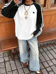 SHEIN EZwear Women's New Patchwork Loose Fit Long Sleeve Retro T-Shirt With Pony Pattern,Fall,Fall Clothes For Women,Women's Winter Clothes