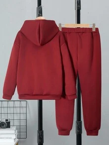 SHEIN Vacaura 2pcs/Set Boys Casual Hooded Sweatshirt And Sweatpants, Knit, Autumn/Winter Fall - Burgundy - View 2