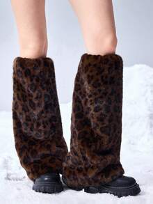 ROMWE Grunge Punk 1pair Leopard Print Stylish And Warm Leg Warmers For Women - dark brown - View 3