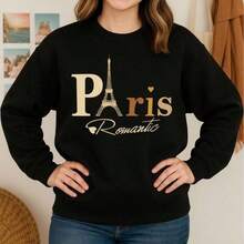 Mujer casual estampado París con detalle brillante ajuste holgado cuello redondo manga larga otoño invierno para salidas sudadera - Negro - Ver 1
