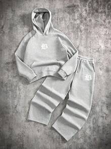 两件套休闲宽松字母印花连帽衫和直筒裤运动套装，适合青少年男孩，秋冬季街头风格穿着，可搭配休闲鞋或外套。 - 灰色 - 查看 13