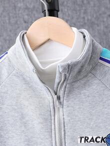 SHEIN Vacaura Tween Boy Letter Graphic Contrast Tape Raglan Sleeve Jacket & Sweatpants Without Tee Chic Outfits For Autumn/Winter - Grey - View 7