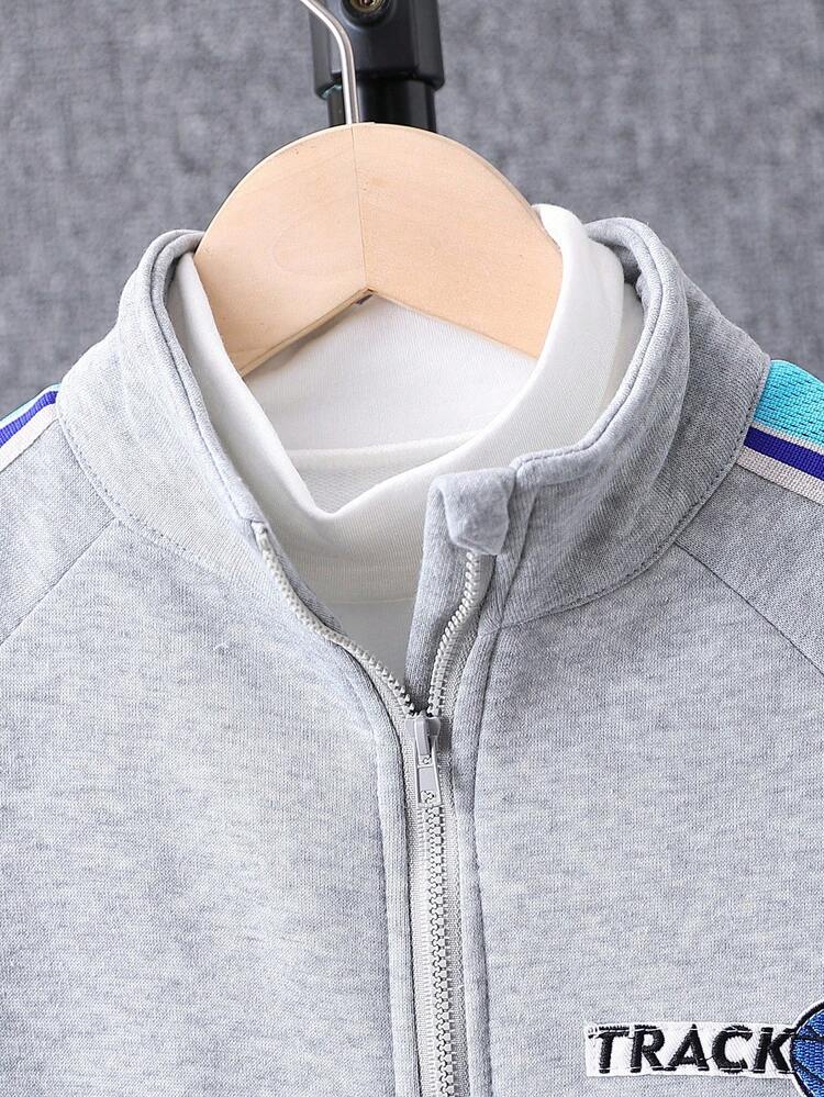 Tween Boy Letter Graphic Contrast Tape Raglan Sleeve Jacket & Sweatpants Without Tee Chic Outfits For Autumn/Winter