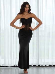 Opulessa Women's Contrast Lace Fishtail Hem Fitted Elegant Strapless Dress, Chic Elegant Dress For Party, Luxury Wedding Guest Party Dress,  Christmas Party, Elegant New Year's Eve Outfits - Black - View 8