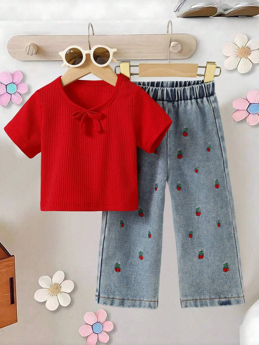SHEIN 2pcs Girls Vintage Red Ribbed Fabric Round Neck Short Sleeve Top With Bow Decor & Elastic Waist Button Decor Jeans Pants Set - Red - View 1