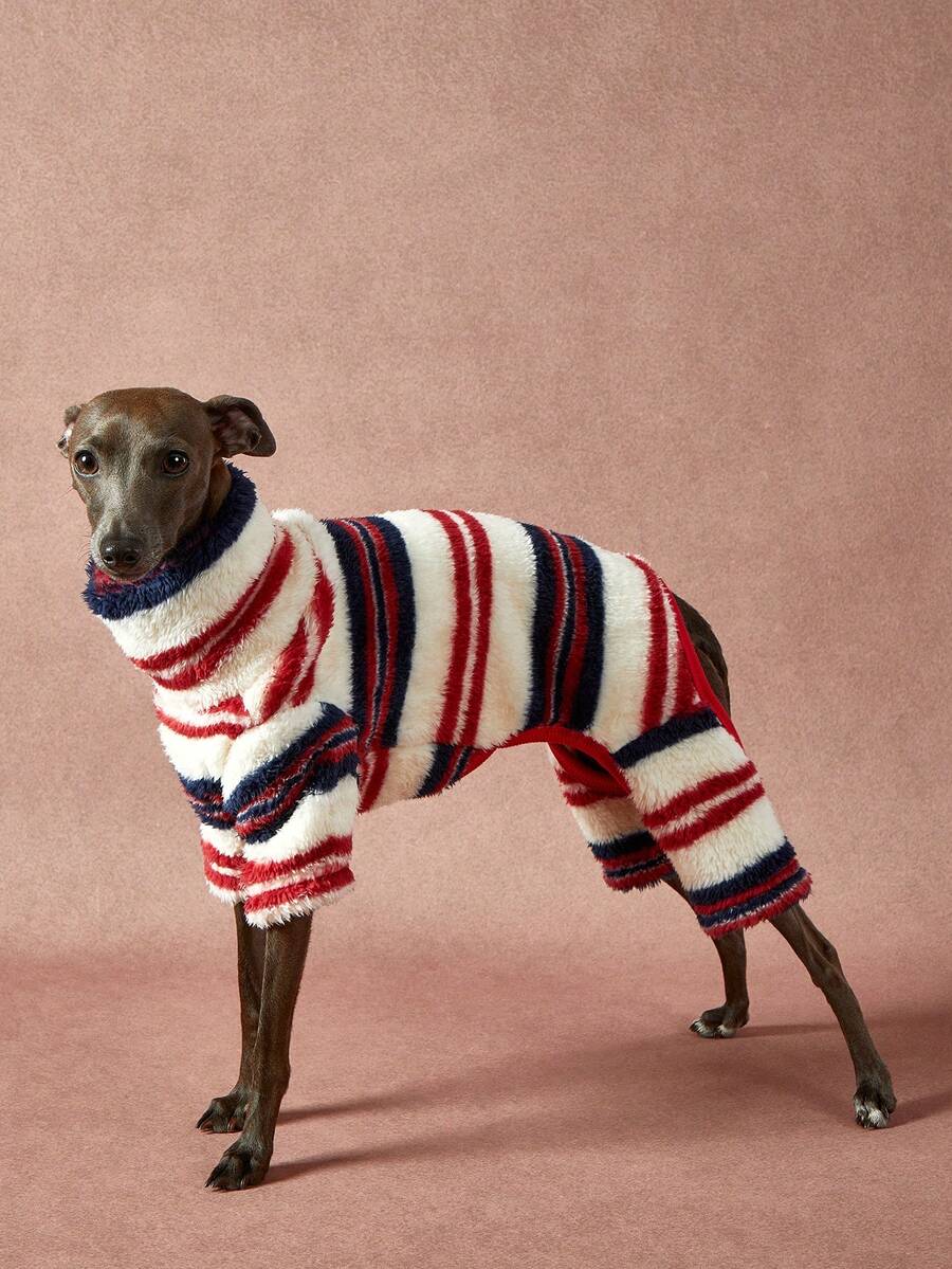 1件宠物秋冬时尚红黑条纹印花学院风双面毛绒保暖弹力舒适狗狗高领连体衣 - 彩色 - 查看 1