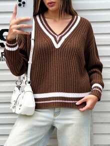 Suéter tejido mujer cuello v rayas color contraste manga larga estilo casual holgado suave invierno - Marrón Chocolate - Ver 2