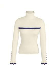 RosyDaze Sweater Rajut Lengan Panjang Wanita Model Turtleneck dengan Kancing dan Rumbai, Dilengkapi Pita dan Lapisan Termal yang Pas di Badan - MultiWarna - View 3