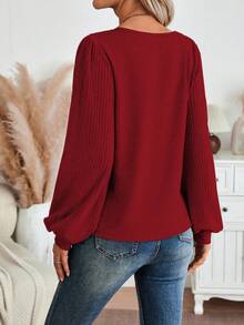 SHEIN LUNE 女士 V 领长袖纯色休闲衬衫 - 紅色 - 查看 2