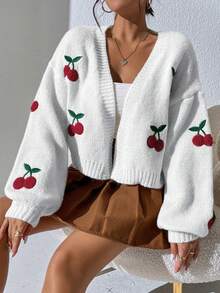 Cárdigan tipo duster de hombros caídos con estampado de cerezas, blusa de manga larga - Blanco - Ver 4