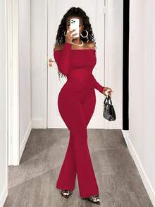 BamGleam Bộ đồ liền thân hở vai thanh lịch khi đi làm - Đỏ - Xem 2