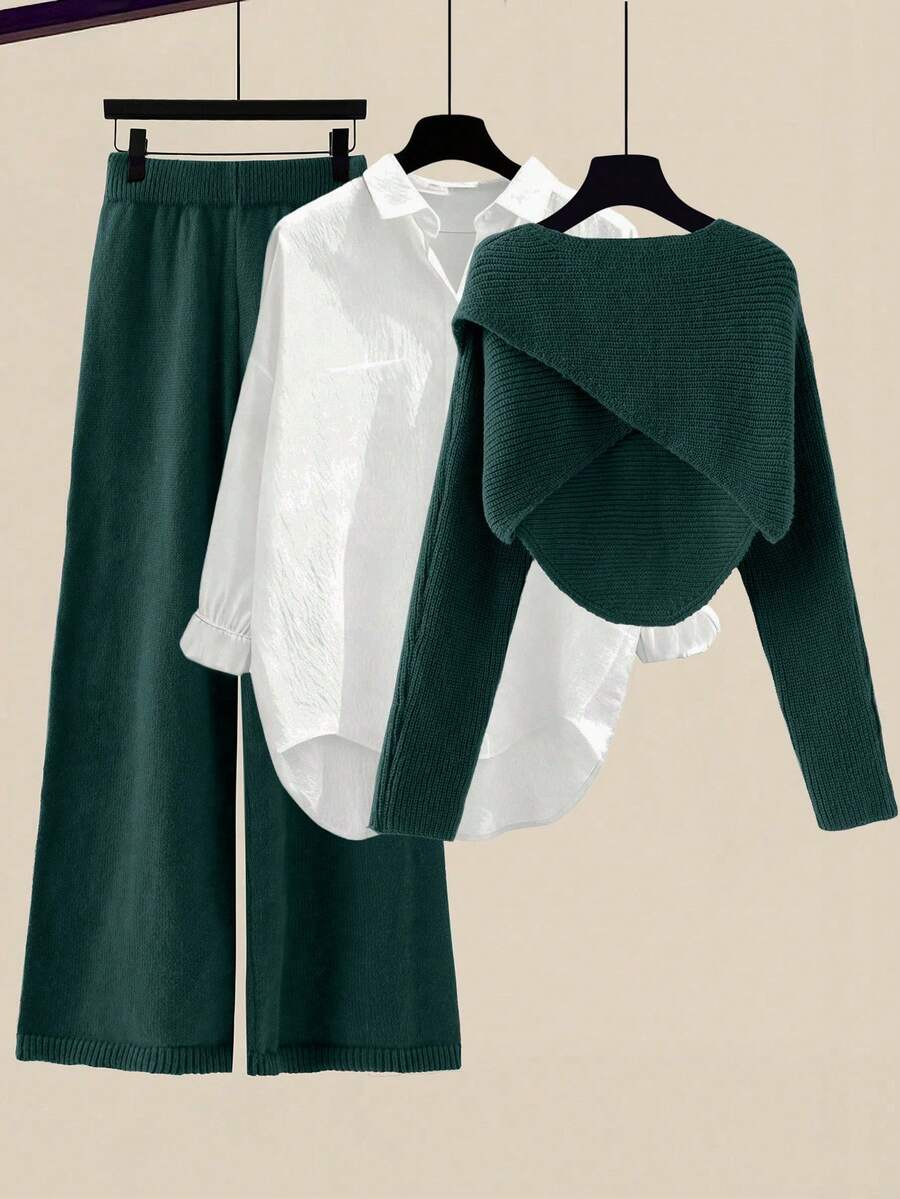GlowEve Conjunto casual de 2 piezas de suéter de manga larga con bajo asimétrico de unicolor y pantalones de pierna ancha para mujer - Verde - Ver 1