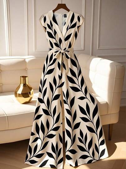 GlowEve CURVE Conjunto de mono de verano para mujer con cintura ceñida, pantalones de pierna ancha, mono con estampado botánico