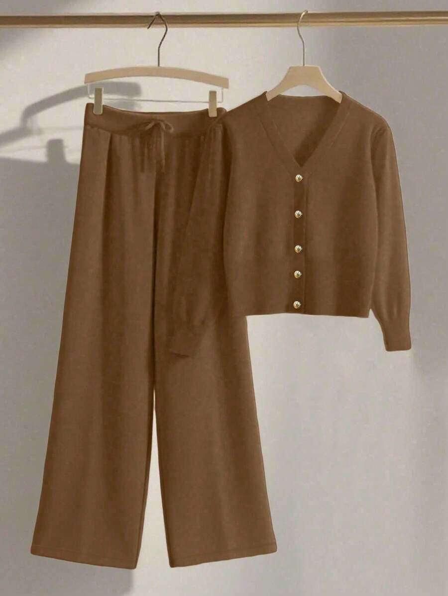 Franclia 2 件套女士休闲宽松针织毛衣和裤子家居服套装，舒适简约的设计 - 巧克力棕 - 查看 1