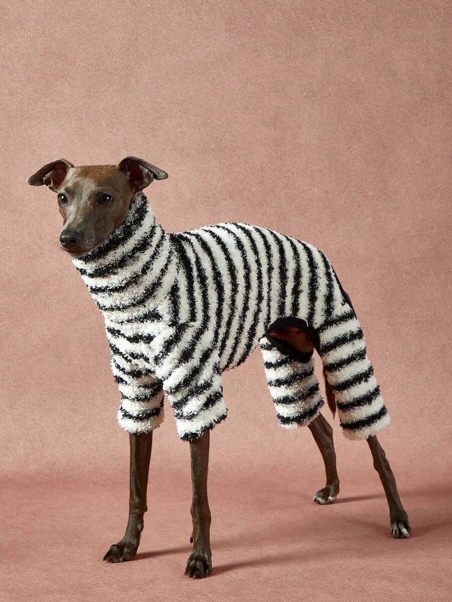 PETSIN Pawparrel 1件宠物秋冬时尚经典复古黑白条纹印花学院风双面毛绒保暖弹力舒适狗狗高领连体衣 - 彩色 - 查看 1