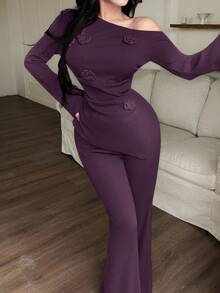 Feyla 2pcs Women's Elegant 3D Floral Oblique Shoulder Flare Sleeve Top And Pants Set, Autumn - Purple - View 5