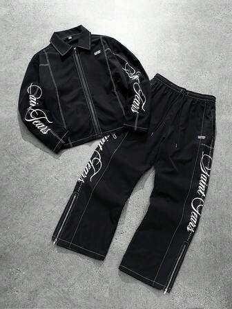 Manfinity Roghcode 2pcs Men's Fashionable, Outfit Set: Box Zipper Collar Long Sleeve Shirt, Elastic Waist Pants With Slit Hem Design, Minimalist Luxe Set, Lightweight Sporty Style, Fashionable, Energetic, Casual, Personalized, Daily Wear, Party, Travel, Holiday Gift,Men's,Baggy,Best,Boyfriend,Summer,Vacation,Y2k,Retro,Friends