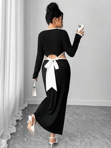 SHEIN PETITE CURVE Plus Size Women Elegant Hollow Waist Contrast Color Dress - Black - View 1