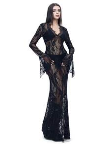 Coolane Đầm Maxi đen tay chuông dài cổ chữ V phối ren co giãn thoải mái, phù hợp mọi mùa Thu/Đông, phong cách Grunge Goth Y2K Punk, gợi cảm, dạo phố, trang phục câu lạc bộ, trang phục Halloween - màu đen - Xem 1