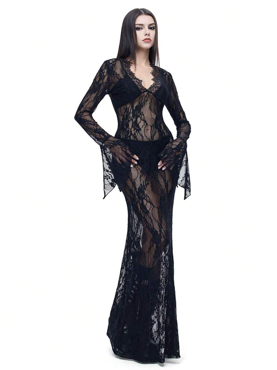 Coolane Đầm Maxi đen tay chuông dài cổ chữ V phối ren co giãn thoải mái, phù hợp mọi mùa Thu/Đông, phong cách Grunge Goth Y2K Punk, gợi cảm, dạo phố, trang phục câu lạc bộ, trang phục Halloween - màu đen - Xem 1