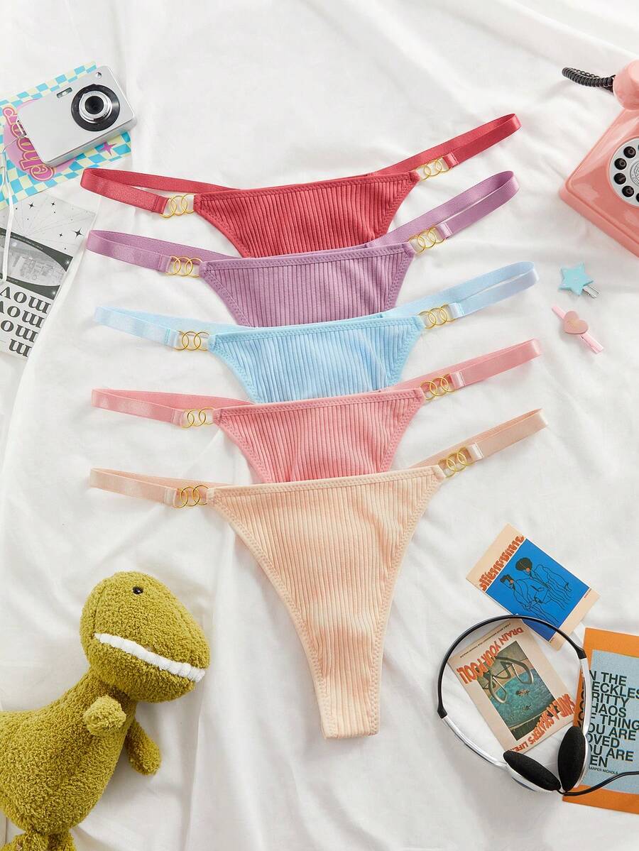 Eraneu 5pcs/Set Women's Minimalist Multi-Color Plus Size Thong Panties, Suitable For Summer - Multicolor - View 1