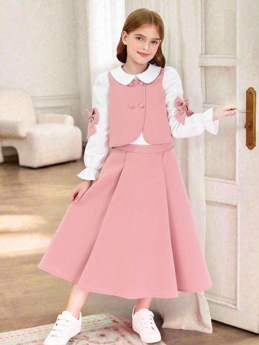 Tween Girl Colorblock Bow Decor Shirt & Skirt Set Fall Winter