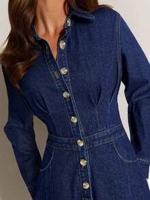 Athîral 女士时尚休闲单排扣长袖牛仔连衣裙 - 藏蓝色 - 查看 4