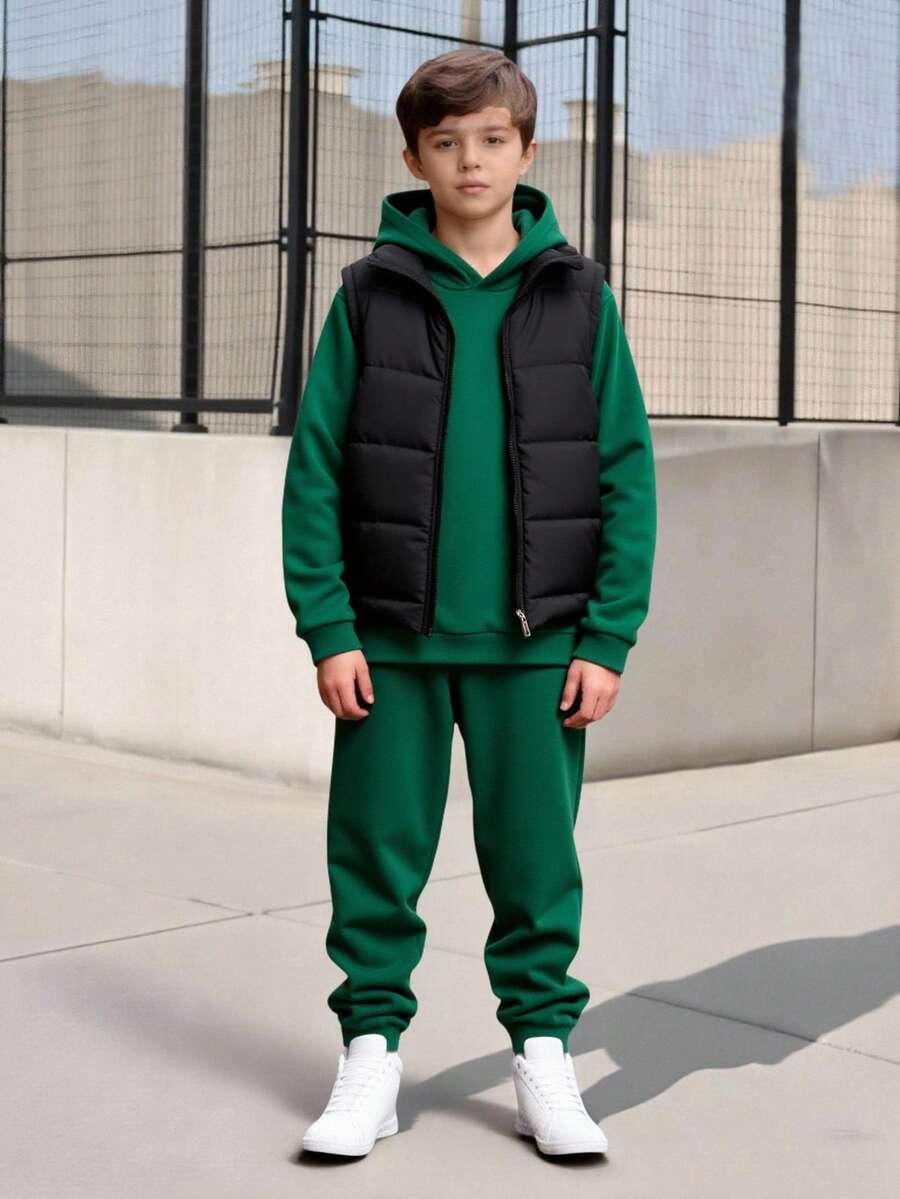 SHEIN Vacaura Tween Boy 1pc Zipper Front Vest Padded Coat & 1pc Hoodie & 1pc Sweatpants For Christmas - Multicolor - View 1