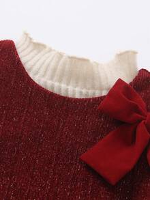 Elladie kids 2pcs/Set Girls Autumn/Winter Outfit,Sleeveless Ribbed Knit Glitter Dress With Red Bows & Soft High Neck Ribbed Sweater,Sweet & Cute Child Clothing - Burgundy - View 6