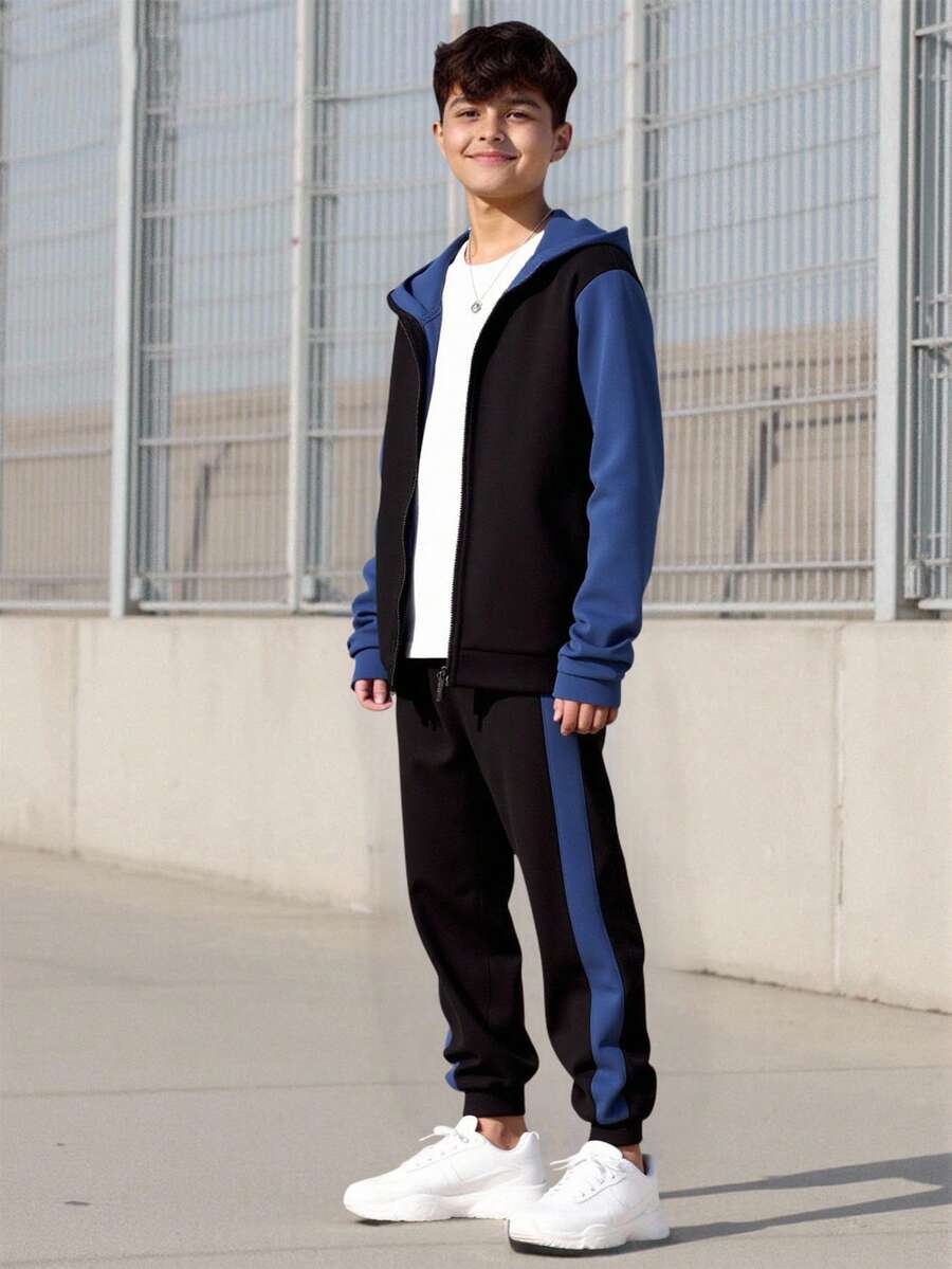SHEIN Vacaura 2pcs/Set Teen Boy Contrast Color Zip Front Hoodie And Sweatpants Casual Outfit, Autumn Fall Winter