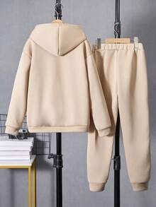 Vacaura 2 件套青少年男孩休闲连帽运动衫和运动裤，针织，秋冬 - 卡其色 - 查看 2