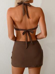 Swim Chiccia 女士三件套沙滩约会时尚度假性感成熟棕色系不对称金属配饰挂脖系带比基尼泳裤，女士迷你裙，女士沙滩装，圣诞节服装，新年服装棕色比基尼套装女士泳装套装女士泳装套装 - 咖啡棕 - 查看 2