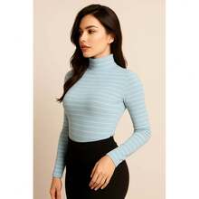 Blusa Top de Líneas Rayas Cuello Alto Manga Larga para Mujer Dama Sexy Casual Básico Lindo Adorable Tierno Ajustada - Azul - Ver 2