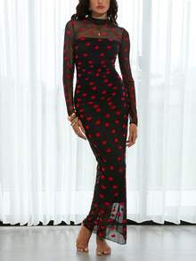 Opulessa Vacation Knit Mesh Heart Flocked Pattern Round Neck Long Sleeve Fitted Women Long Dress, Spring Break Outfits, Summer Outfits, Valentine's Day, Beach Dress, Elegant Wedding Guest Dress, Birthday Outfits, Casual Outfits, Vacation Outfits, Going Out Dress Heart Print Dress Black Mesh Dress - Black - View 3