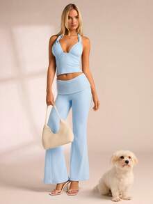 Glamine Damen Hellblau 2 Stücke Set Sommer Strick Crop Top und Schlaghose, Streetwear Y2k Activewear für Yoga, Pilates, Alltag lässig Outfits - Blau - Übersicht 3