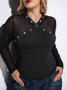 Maija Plus Size Women Black V-Neck Eyelet Design Metal Decor Mesh Patchwork Fitted Waist Long Sleeve Top, Versatile For Modern Urban Autumn/Winter Black Mesh Top Long Sleeve Black Top Sheer Black Top Long Sleeve Mesh Top Black Top Women Blouses Black Top Spring To Summer Spring Outfit Womenvalentine's Day Carnival Fasching Women Costume Party Beach Wedding Vacation Casual - Black - View 1