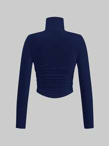 SHEIN EZwear Áo thun dài tay cổ lọ nhún bèo màu xanh navy dành cho nữ, phù hợp cho mùa thu/đông - Màu xanh lam - Xem 2