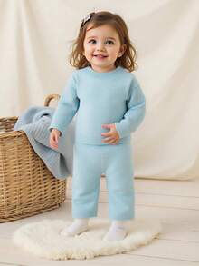 Baby Girl Fashionable Solid Color Long Sleeve Sweater And Pants Set, Suitable For Spring And Autumn Bamboo Baby Pajamas Light Blue Outfit 2 Years Old Girl Warm Baby Clothes Light Blue Matching Set Toddler Girl Blue Toddler Outfit Autumn And Winter Two Piece Suit Toddler Two Piece Sets Baby Girl Warm Sets Baby Two Piece Set Two Piece Winter Outfits For Toddler Girl
