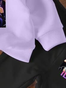 2 pezzi/set Ragazza giovane Felpa casual minimalista con grafica anime, collo rotondo viola e pantaloni a zampa neri, adatti per autunno, inverno, primavera, comodi e versatili per uso quotidiano e domestico